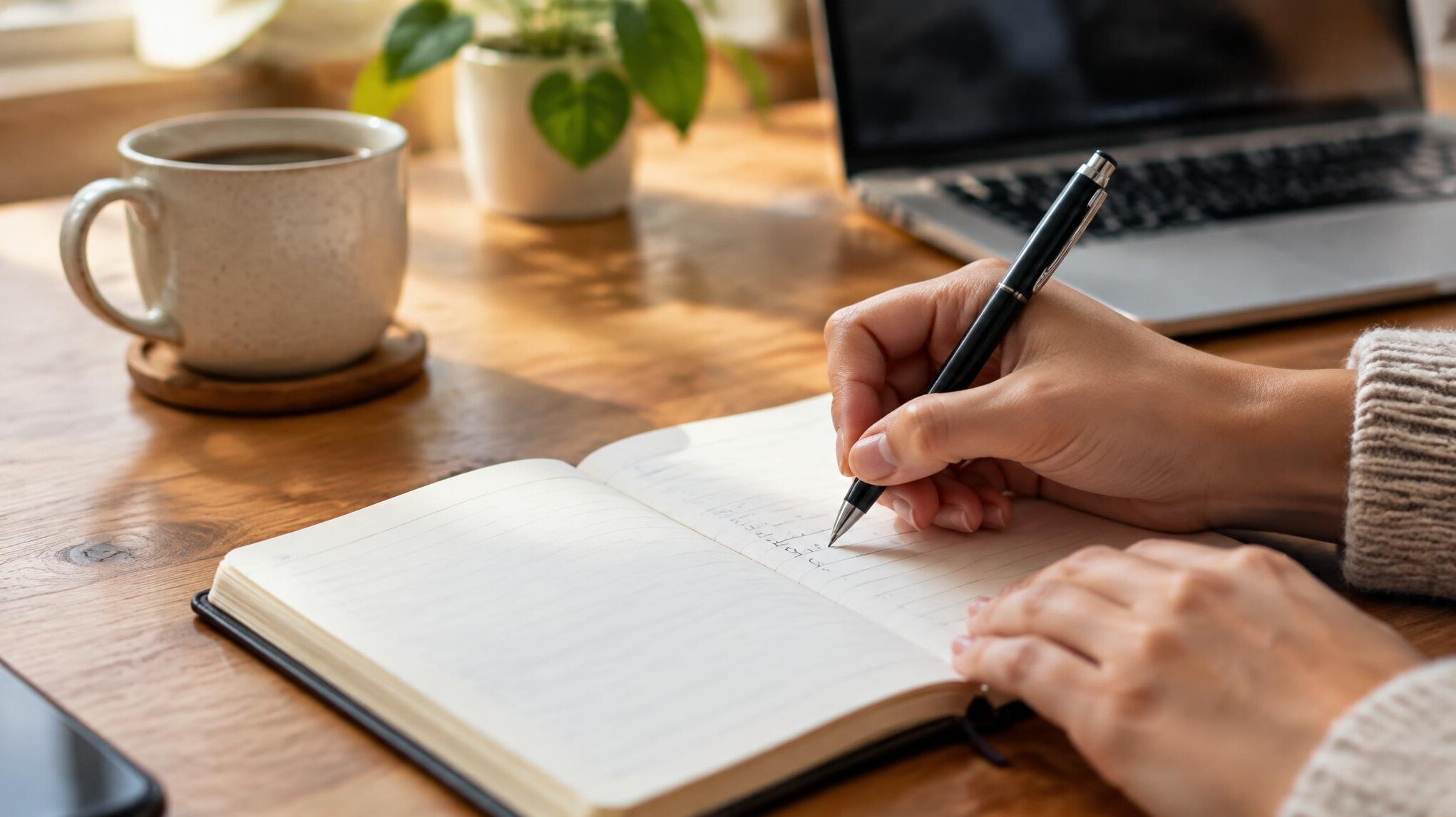 Hands writing notes in an open notebook on a desk