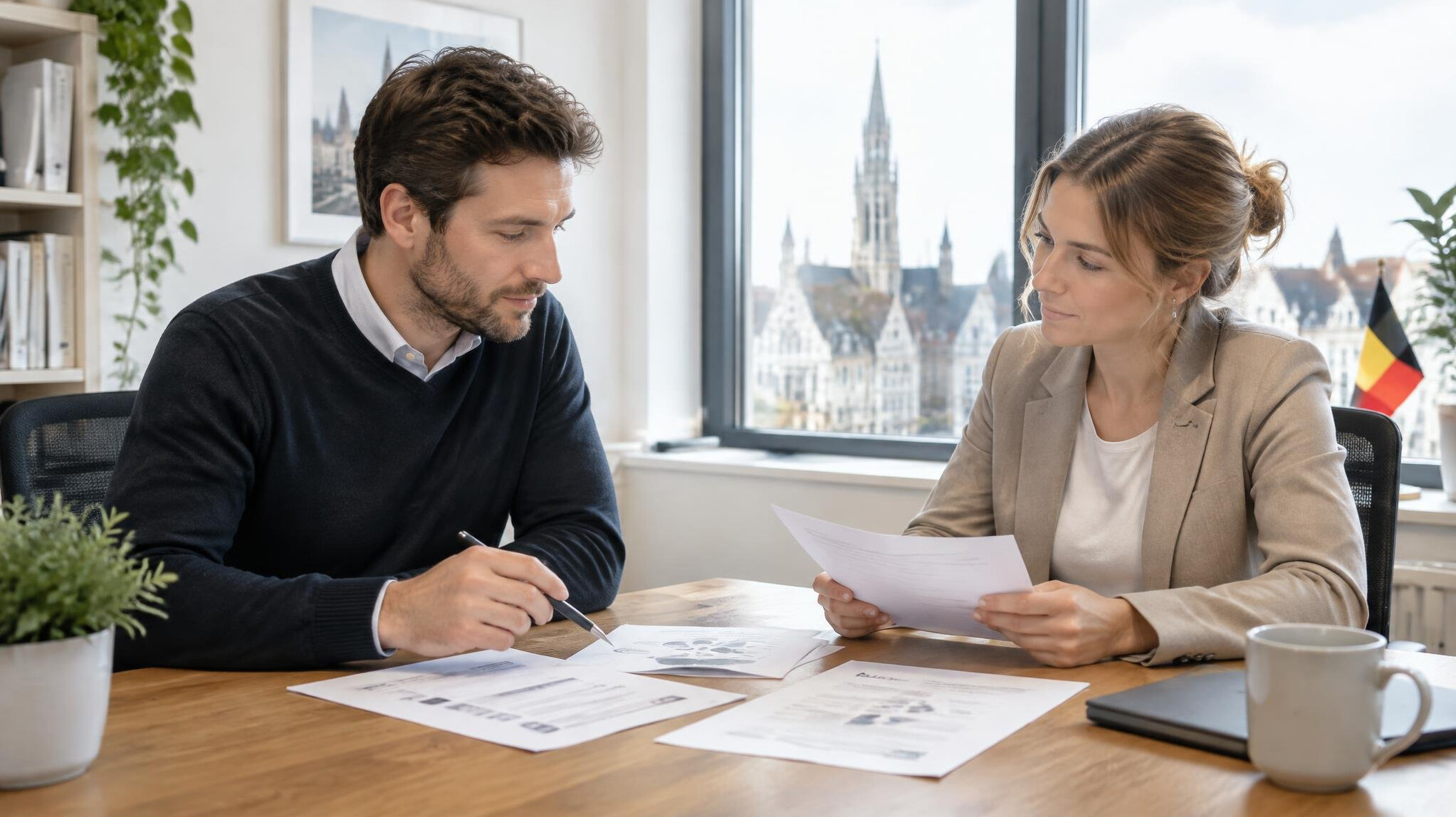 Two colleagues discussing notes at a table
