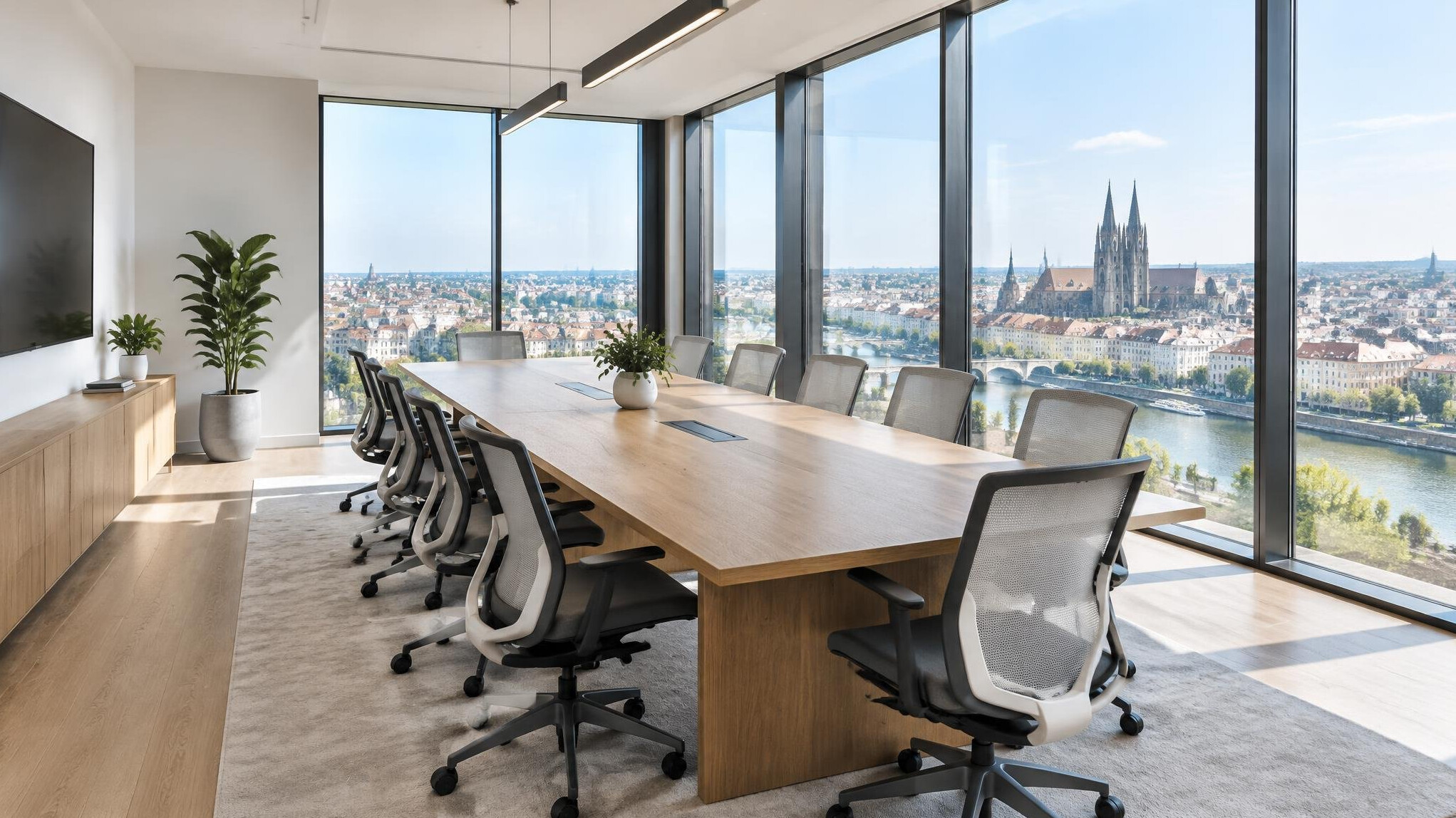 Modern bright meeting room with a long table